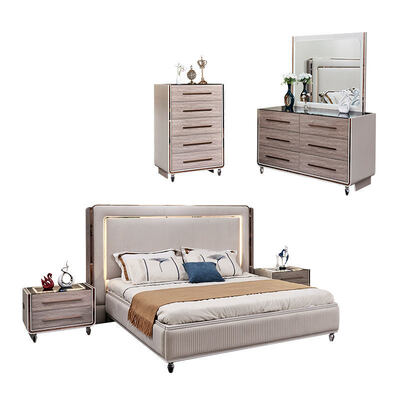 किंग साइज एलईडी हेडबोर्ड लक्जरी चमड़े का बेडरूम सेट लकड़ी का फ्रेम आधुनिक घर का कमरा डबल पूर्ण बेडरूम फर्नीचर सेट