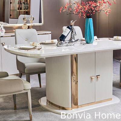 आधुनिक सफेद लकड़ी के लक्जरी डाइनिंग रूम सेट 6 सीटर पूर्ण घरेलू फर्नीचर भंडारण बड़ी लकड़ी की डाइनिंग टेबल और कुर्सियाँ सेट