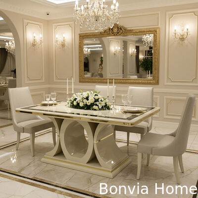 सफेद लक्जरी लकड़ी के भोजन की मेज और कुर्सियां सेट 6 सीटें घर फर्नीचर भोजन कक्ष भोजन कक्ष टेबल के साथ साइडबोर्ड वाइन कैबिनेट