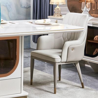 सुरुचिपूर्ण लक्जरी डाइनिंग टेबल और कुर्सियाँ सेट 6 सीटर फर्नीचर होम स्टोरेज व्हाइट कंप्लीट मॉडर्न लार्ज वुडन डाइनिंग रूम सेट