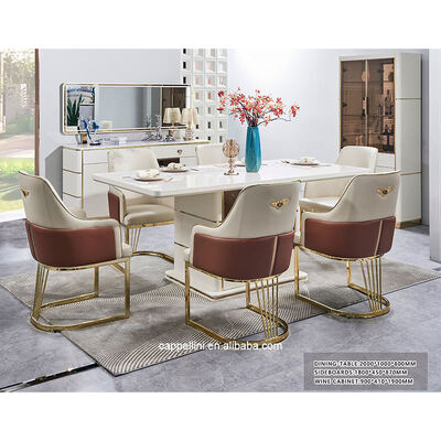 सफेद आधुनिक लक्जरी भोजन टेबल सेट 6 सीटों का लकड़ी का भोजन कक्ष फर्नीचर पूरा घर लकड़ी के फ्रेम भोजन टेबल सेट 4 कुर्सियां