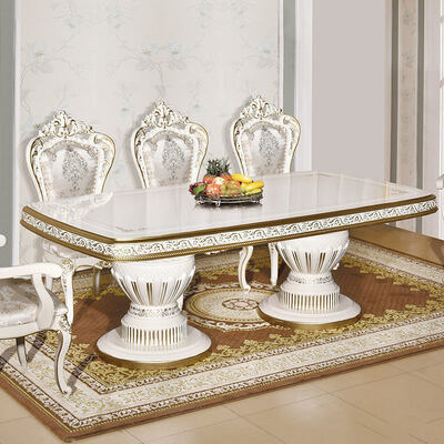 सफेद प्राचीन क्लासिक लकड़ी का भोजन टेबल सेट 6 कुर्सियां सीटें यूरोपीय शाही बड़े लकड़ी लक्जरी घर भोजन कक्ष सेट फर्नीचर