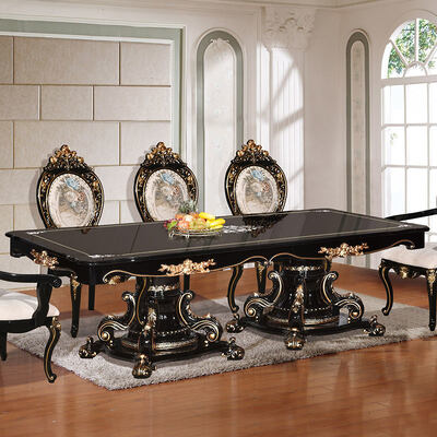 यूरोपीय क्लासिक शैली लक्जरी भोजन टेबल सेट 6 सीटों की कुर्सियां पूर्ण घर प्राचीन लकड़ी का बड़ा भोजन कक्ष सेट फर्नीचर
