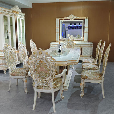 यूरोपीय शैली रॉयल लक्जरी लकड़ी का डाइनिंग टेबल सेट 8 सीटर कुर्सियाँ होम फर्नीचर डाइनिंग रूम बड़ा क्लासिक लकड़ी का डाइनिंग टेबल