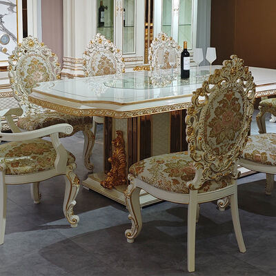 यूरोपीय शैली रॉयल लक्जरी लकड़ी का डाइनिंग टेबल सेट 8 सीटर कुर्सियाँ होम फर्नीचर डाइनिंग रूम बड़ा क्लासिक लकड़ी का डाइनिंग टेबल