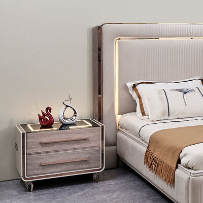 किंग साइज एलईडी हेडबोर्ड लक्जरी चमड़े का बेडरूम सेट लकड़ी का फ्रेम आधुनिक घर का कमरा डबल पूर्ण बेडरूम फर्नीचर सेट