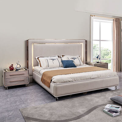 किंग साइज एलईडी हेडबोर्ड लक्जरी चमड़े का बेडरूम सेट लकड़ी का फ्रेम आधुनिक घर का कमरा डबल पूर्ण बेडरूम फर्नीचर सेट