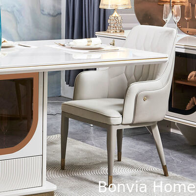 सुरुचिपूर्ण लक्जरी डाइनिंग टेबल और कुर्सियाँ सेट 6 सीटर फर्नीचर होम स्टोरेज व्हाइट कंप्लीट मॉडर्न लार्ज वुडन डाइनिंग रूम सेट